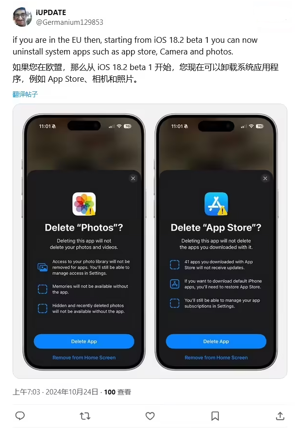 桐城苹果手机维修分享iOS 18.2 支持删除 App Store 应用商店 