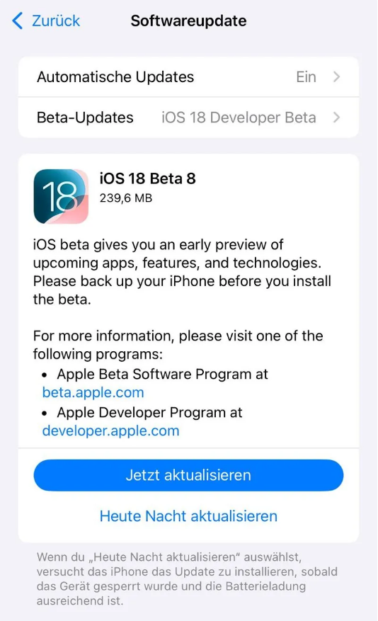 桐城苹果手机维修分享苹果 iOS / iPadOS 18 开发者预览版 Beta 8 发布 